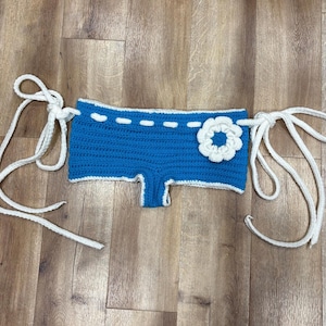 Crocheted Cheeky Mini Shorts, Blue White Flower, Adjustable String Swimwear