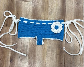 Crocheted Cheeky Mini Shorts, Blue White Flower, Adjustable String Swimwear