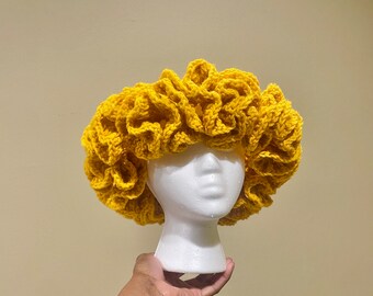 Handmade Crochet Ruffle Hat, Yellow Beanie