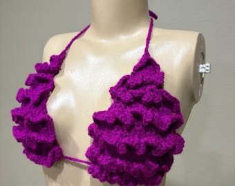 Handmade Crochet Ruffle Bralette, Purple Rave Top