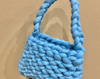 Handmade Chunky Crochet Puffer Purse, Blue Knit Handbag