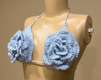 Crochet Flower Bralette, Blue Rose Top, Rave Wear