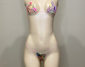 Abstract Micro Bikini Set, stripper outfit, exotic outfit, dancewear, pole dancer, rave wear, matching bikini set, swimsuit, colorful set