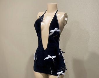 Mini dress, exotic wear, Ravewear, birthday girl, club wear, party dress, bow dress, black velvet dress, lace mini dress, short dress