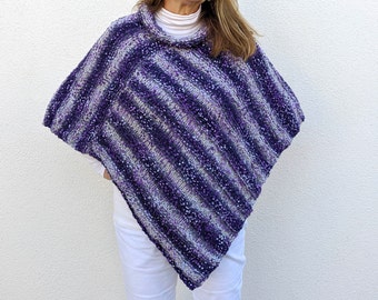 Purple - grey hand-knitted alpaca wool winter poncho, cozy knit wrap, wrap sweater, chunky wool cape, winter coat, soft and cozy