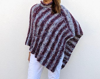 Burgundy - light blue hand-knitted alpaca wool winter poncho, cozy knit wrap, wrap sweater, chunky wool cape, winter coat, soft and cozy