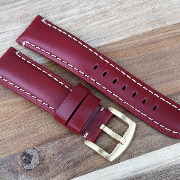 Blood Red Full Grain Leather Watch Strap, Quick Release, Padded, Contrast Stitching, Gold Buckle 18mm, 20mm, 22mm, 24mm, Gift for Him