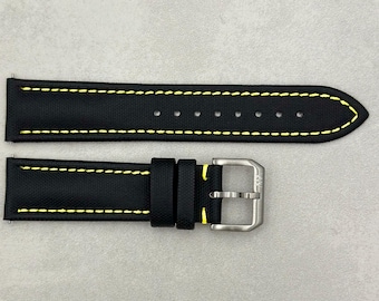 Jet Black Sail Cloth Watch Strap, Contrast Yellow Stitching, Padded, Leather Backed, Quick Release, 19mm, 20mm, 21mm, 22mm