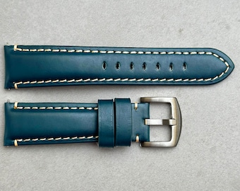 Petrol Blue Full Grain Leather Watch Strap, Quick Release, Padded, Contrast Stitching, 18mm, 20mm, 22mm, 24mm, Gift for Him
