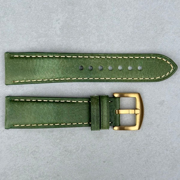 Olive Green Italian Leather Watch Strap, Full Grain Leather, Padded, Quick Release, Gold Buckle, 18mm, 20mm, 22mm, 24mm