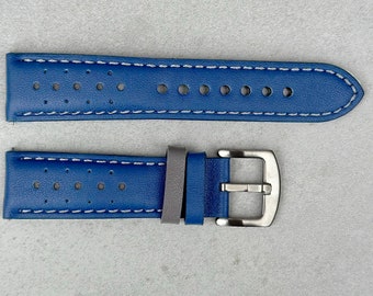Cobalt Blue and Grey Racing Full Grain Leather Watch Strap Padded Watch Band 18mm, 20mm, 22mm, 24mm, Quick Release, Gift For Him