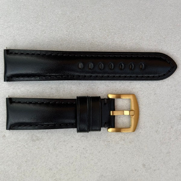 Jet Black Vegetable Tanned Full Grain Leather Watch Strap, Padded Leather Strap, Gold Buckle, 18mm, 20mm, 22mm, 24mm, Quick Release