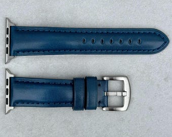 Marine Blue Vegetable Tanned Full Grain Leather Apple Watch Strap, Padded, Series 8, Series 9, Series 10, SE, Ultra, Gift For Him