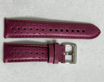 Plum Purple Vintage Perforated Full Grain Leather Rally Watch Strap Quick Release 18mm 20mm 22mm 24mm