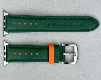 Green, Orange Racing Full Grain Leather Apple Watch Strap Padded Watch Band 38mm 40mm, 41mm, 42mm, 44mm, 45mm, Series 3, 4, 5, 6, 7, 8, 10