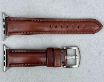 Chestnut Brown Vegetable Tanned Full Grain Leather Apple Watch Strap, Padded, Series 8, Series 9, Series 10, SE, Ultra, Gift For Him