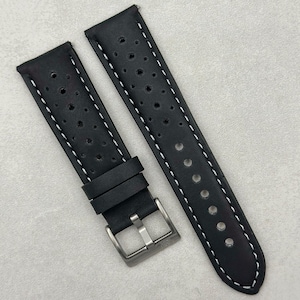 Black Perforated Full Grain Leather Rally Watch Strap Quick Release 18mm 20mm 22mm 24mm