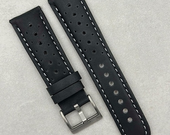 Black Perforated Full Grain Leather Rally Watch Strap Quick Release 18mm 20mm 22mm 24mm