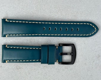 Petrol Blue Full Grain Leather Watch Strap, Black Buckle, Quick Release, Padded, Contrast Stitching, 18mm, 20mm, 22mm, 24mm, Gift for Him