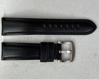 Jet Black Vegetable Tanned Full Grain Leather Watch Strap, Padded Leather Strap, 18mm, 20mm, 22mm, 24mm, Quick Release, Gift For Him