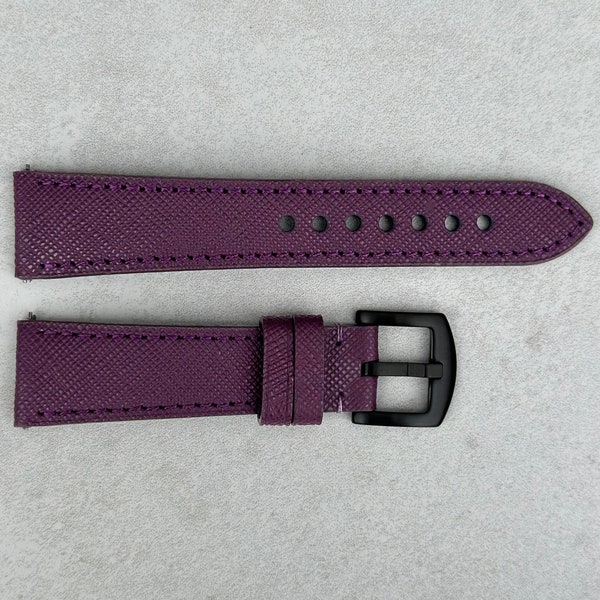 Royal Purple Saffiano Leather Watch Strap, Full Grain Leather Quick Release Pins, Black Buckle, 18mm, 20mm, 22mm, 24mm, Gift for Him