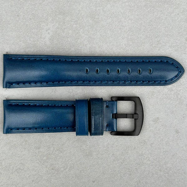 Marine Blue Vegetable Tanned Full Grain Leather Watch Strap, Padded Leather Strap, Gold Buckle, 18mm, 20mm, 22mm, 24mm, Quick Release