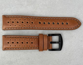 Vintage Tan Perforated Full Grain Leather Rally Watch Strap, Quick Release, Black Buckle, 18mm, 20mm, 22mm, 24mm