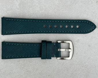 Dark Teal Blue Saffiano Leather Watch Strap, Full Grain Leather Quick Release Pins, 18mm, 20mm, 22mm, 24mm, Gift for Him