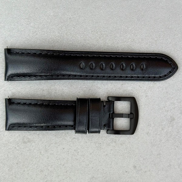 Jet Black Vegetable Tanned Full Grain Leather Watch Strap, Padded Leather Strap, Black Buckle, 18mm, 20mm, 22mm, 24mm, Quick Release