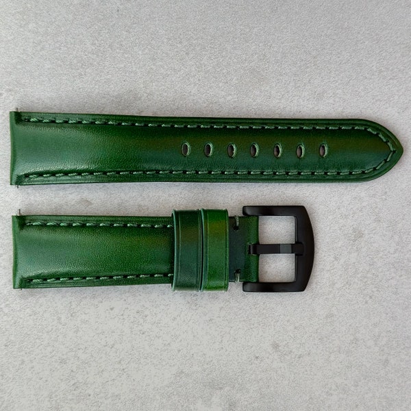 Bracelet de montre en cuir pleine fleur tanné végétal vert course, bracelet en cuir rembourré, boucle noire, 18 mm, 20 mm, 22 mm, 24 mm, libération rapide