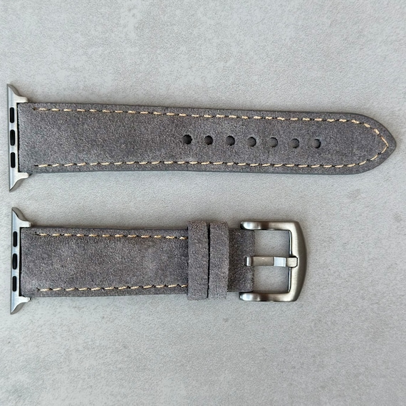 Handmade Apple Watch Band, Smart Watch Strap, Padded Light Grey Suede, 38mm, 40mm, 41mm, 42mm, 44mm, 45mm Series 3, 4, 5, 6, 7, 8, 10, Ultra