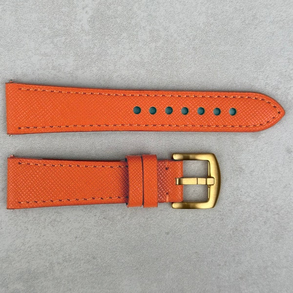 Dark Saffron Orange Leather Watch Strap, Full Grain Leather Quick Release Pins, Gold Buckle, 18mm, 20mm, 22mm, 24mm, Gift for Him