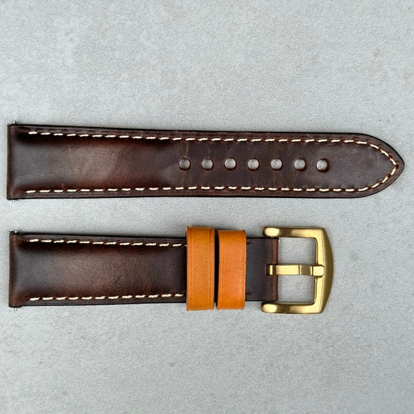 18mm, 20mm, 22mm, 24mm Handmade Calf Leather Watch Strap, Chocolate Brown with gold buckle, Quick Release Pins, Padded, Gift for Him,