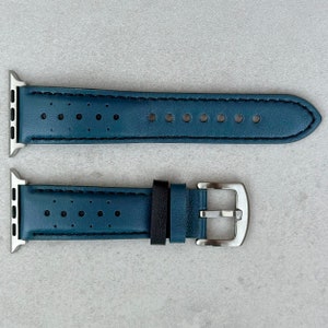 Blue and Black Racing  Full Grain Leather Apple Watch Strap Padded Watch Band 40mm, 41mm, 42mm, 44mm, 45mm, Series 3, 4, 5, 6, 7, 8, 10