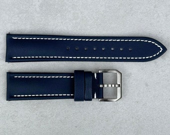 Bracelet de montre en tissu voile bleu marine, coutures blanches contrastées, rembourré, support en cuir, libération rapide, 20 mm, 22 mm