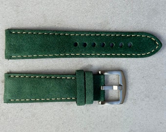 Handmade Suede Watch Strap, Hunter Green Padded Watch Band 18mm, 20mm, 22mm, 24mm Quick Release, Gift for Him, Gift for Her.