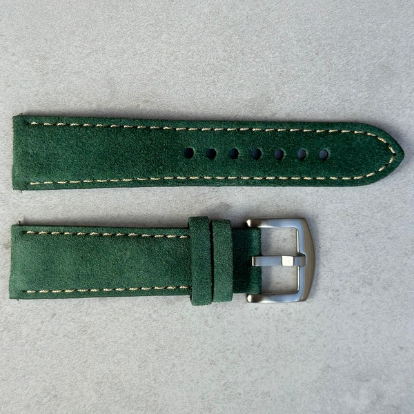 Handmade Suede Watch Strap, Hunter Green Padded Watch Band 18mm, 20mm, 22mm, 24mm Quick Release, Gift for Him
