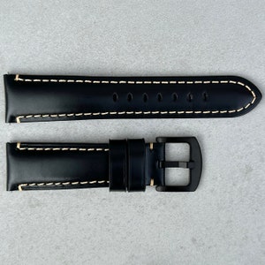 Black Full Grain Leather Watch Strap, Quick Release, Padded, Contrast Stitching, Black Buckle, 18mm, 20mm, 22mm, 24mm, Gift for Him