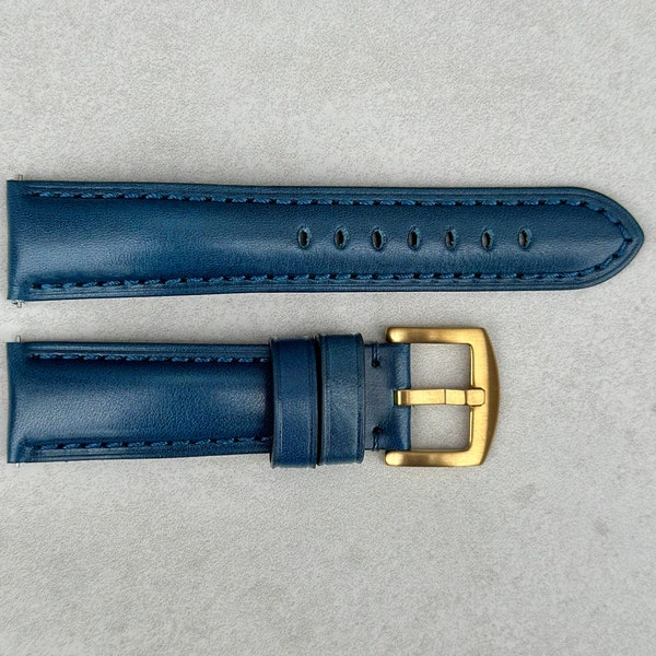 Marine Blue Vegetable Tanned Full Grain Leather Watch Strap, Padded Leather Strap, Gold Buckle, 18mm, 20mm, 22mm, 24mm, Quick Release