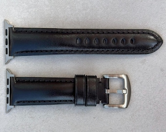 Jet Black Vegetable Tanned Full Grain Leather Apple Watch Strap, Padded, Series 8, Series 9, Series 10, SE, Ultra, Gift For Him