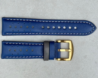 Petrol Blue and Black Racing Full Grain Leather Watch Strap Padded Watch Band, Gold Buckle, 18mm, 20mm, 22mm, 24mm, Quick Release