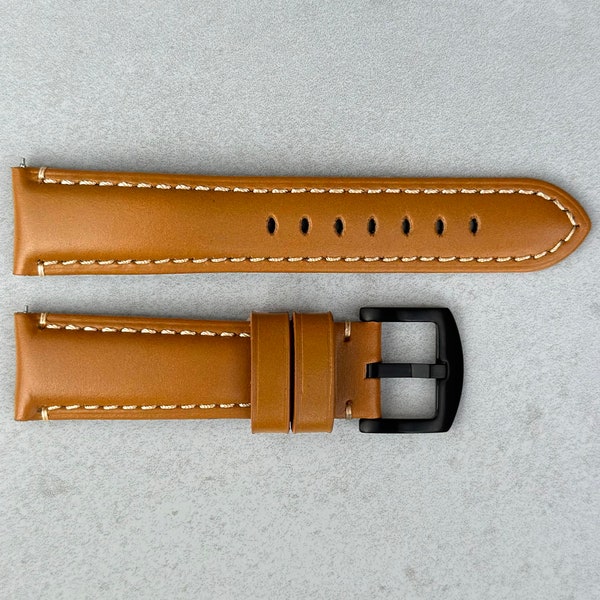 Desert Tan Full Grain Leather Watch Strap, Black Buckle, Quick Release Pin, Padded, Contrast Stitching, 18mm, 20mm, 22mm, 24mm, Gift for Him