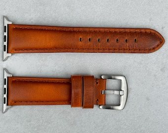 Cognac Brown Vegetable Tanned Full Grain Leather Apple Watch Strap, Padded, Series 8, Series 9, Series 10, SE, Ultra, Gift For Him