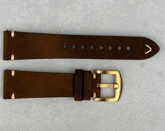 Chocolate Brown Vintage Full Grain Leather Watch Strap, Quick Release, Gold Buckle, 18mm, 20mm, 22mm, 24mm