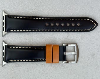 Handmade Apple Watch Band, Smart Watch Strap, Padded Black Calf Leather, 38mm, 40mm, 41mm, 42mm, 44mm, 45mm Series 3, 4, 5, 6, 7, 8, Ultra