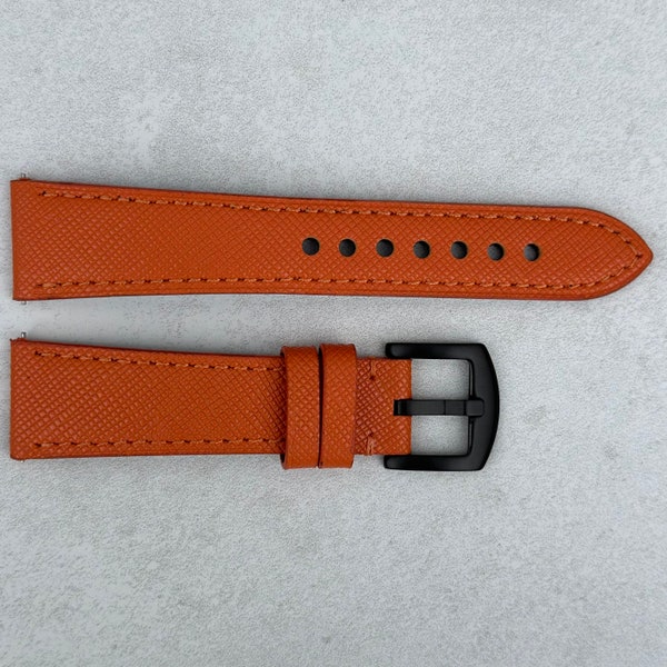 Dark Saffron Orange Leather Watch Strap, Full Grain Leather Quick Release Pins, Black Buckle, 18mm, 20mm, 22mm, 24mm, Gift for Him