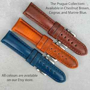 May include: Three leather watch straps in chestnut brown, cognac, and marine blue. The Prague Collection: Available in Chestnut Brown, Cognac and Marine Blue. All colors are available on our Etsy store.