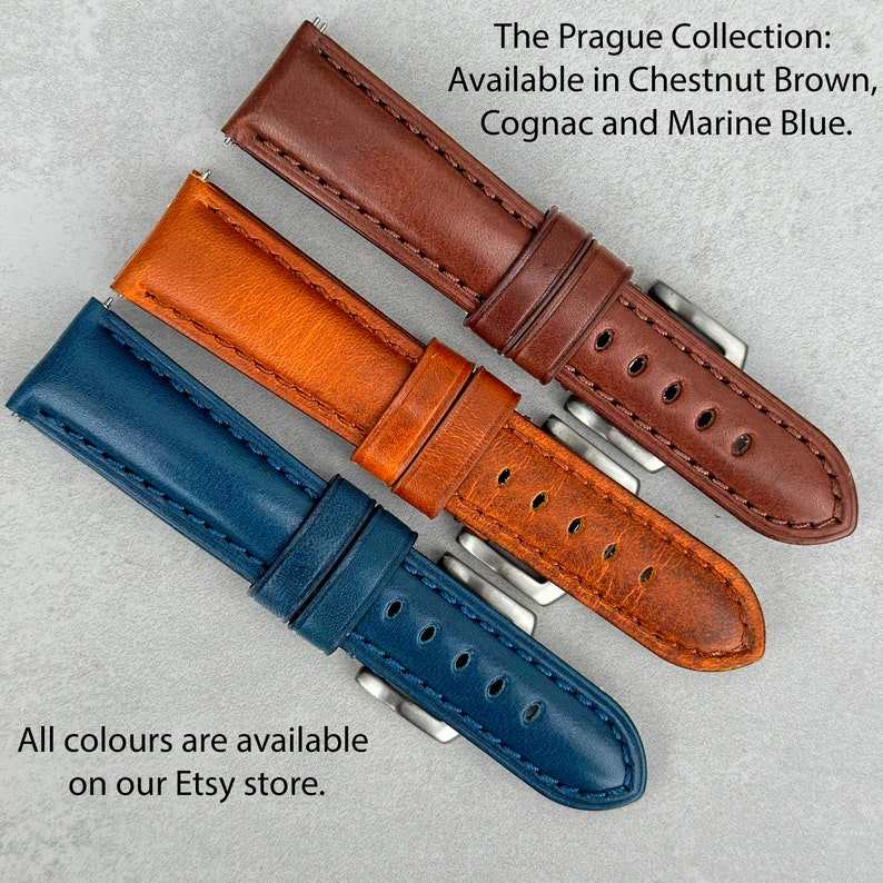 May include: Three leather watch straps in chestnut brown, cognac, and marine blue. The Prague Collection: Available in Chestnut Brown, Cognac and Marine Blue. All colors are available on our Etsy store.