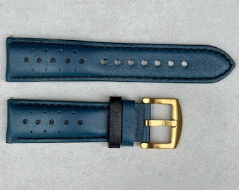 Petrol Blue and Black Racing Full Grain Leather Watch Strap, Padded Watch Band, Gold Buckle, 18mm, 20mm, 22mm, 24mm, Quick Release