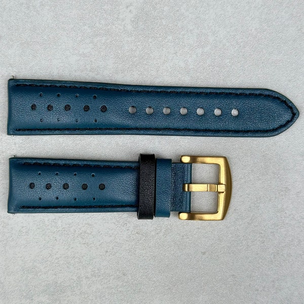 Petrol Blue and Black Racing Full Grain Leather Watch Strap, Padded Watch Band, Gold Buckle, 18mm, 20mm, 22mm, 24mm, Quick Release